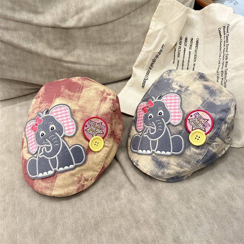 Cute Elephant Applique Beret Hat - Soft Fabric, Adjustable Fit, Retro Newsboy Cap(blue)