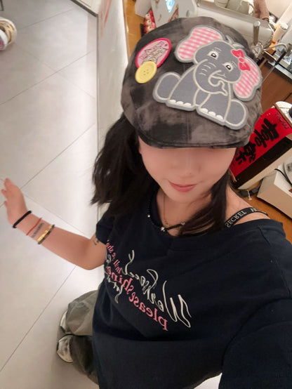 Cute Elephant Applique Beret Hat - Soft Fabric, Adjustable Fit, Retro Newsboy Cap(red)