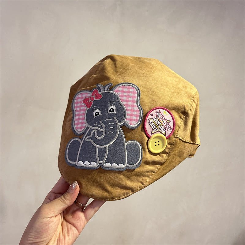 Cute Elephant Applique Beret Hat - Soft Fabric, Adjustable Fit, Retro Newsboy Cap(khaki)