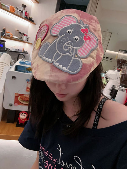 Cute Elephant Applique Beret Hat - Soft Fabric, Adjustable Fit, Retro Newsboy Cap(khaki)