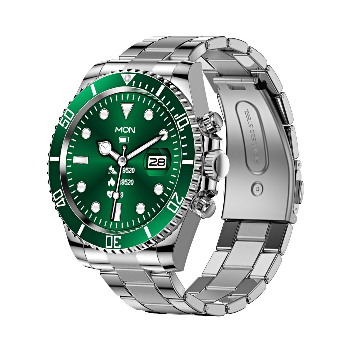 Classic Stainless Steel Smartwatch with Rotating Timer Bezel, Bluetooth Calling & Luminous Display(green) - Factory Direct Shop