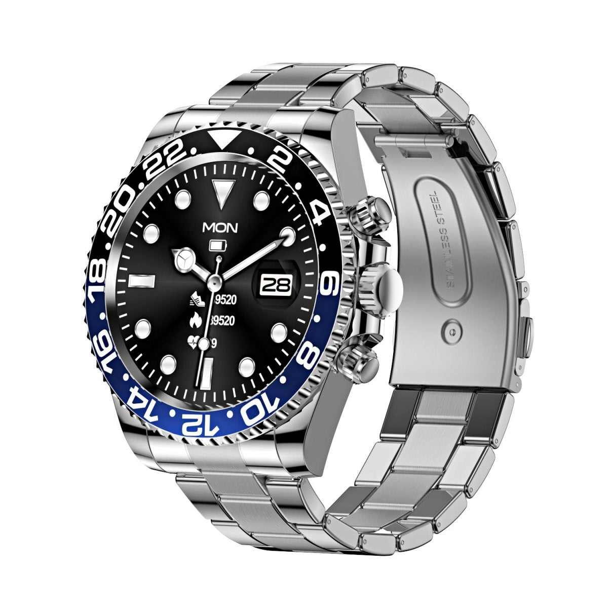 Classic Stainless Steel Smartwatch with Rotating Timer Bezel, Bluetooth Calling & Luminous Display(blue and black) - Factory Direct Shop