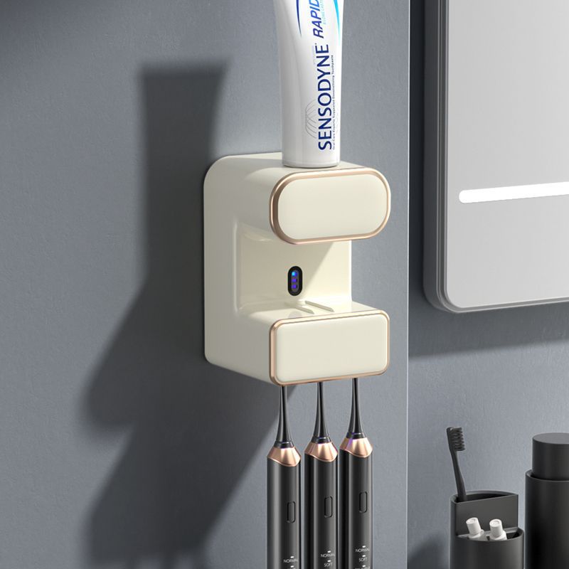 Automatic Toothpaste Dispenser with UVC Toothbrush Sterilizer & Holder - Wall Mounted, Rechargeable(Beige) - Factory Direct Shop