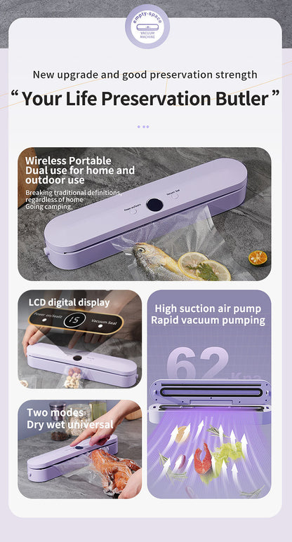 Wireless Portable Vacuum Sealing Machine - Automatic Food Sealer with LCD Display & Dual Modes(Purple)