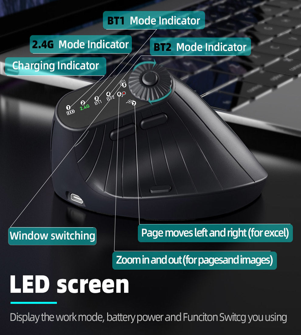 Ergonomic Vertical Mouse - 2.4G/Bluetooth Multi-Mode, LED Display, 57-Degree Angle, & 400mAh Battery(Beige)