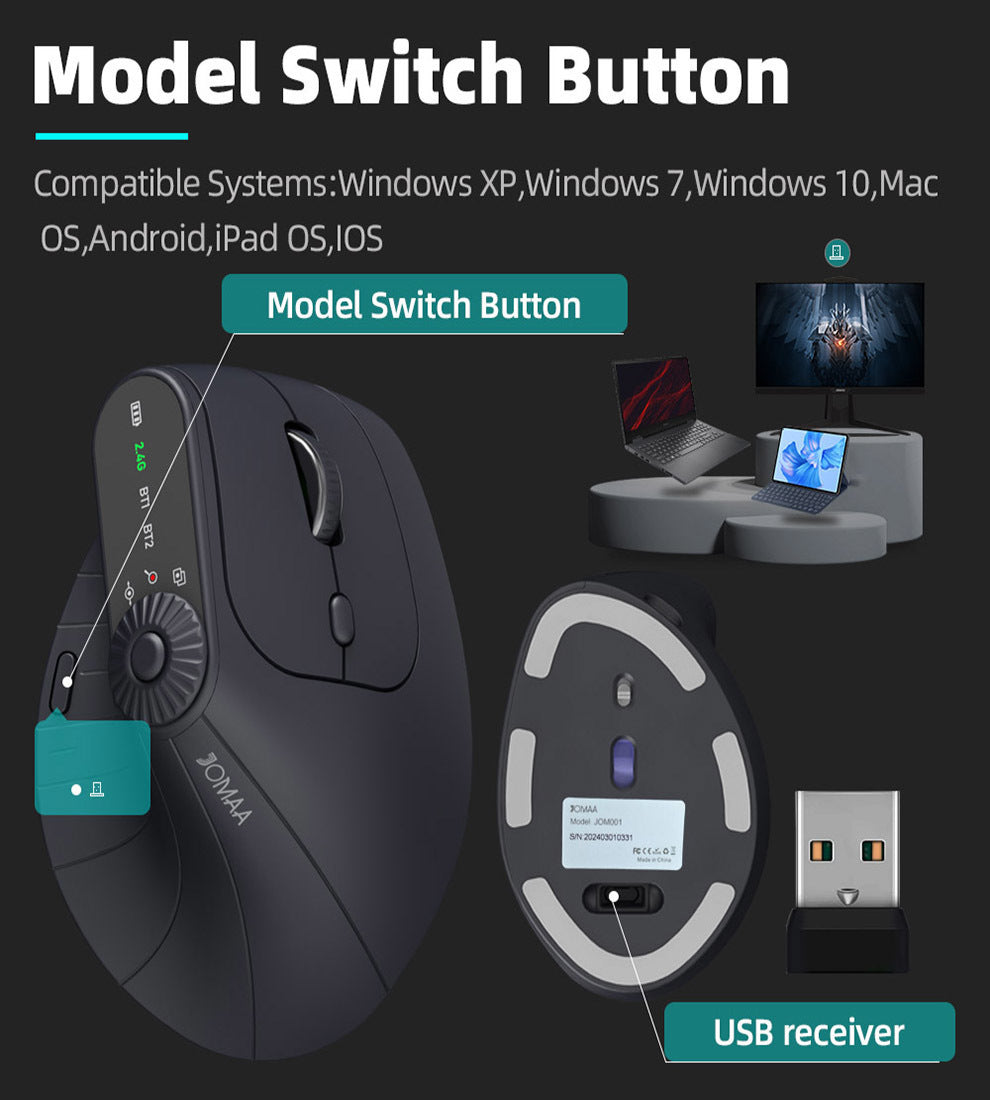 Ergonomic Vertical Mouse - 2.4G/Bluetooth Multi-Mode, LED Display, 57-Degree Angle, & 400mAh Battery(Black)