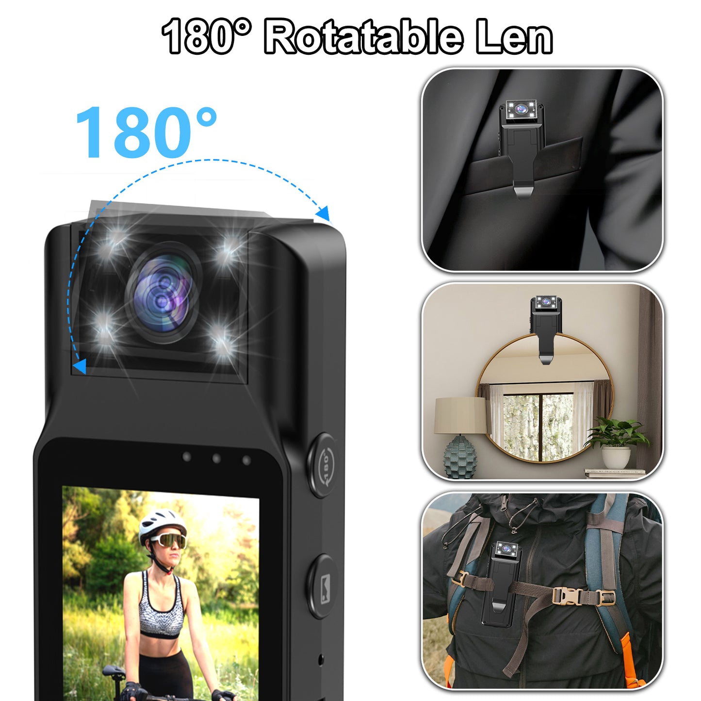 Mini Body Camera with 180 Rotatable Lens, Night Vision & Motion Detection - 1.3 Screen 1200mAh Battery(black+32G)"
