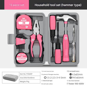 13-piece household tool set with pink tools in a gray case