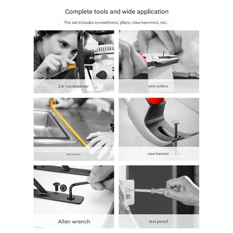 Set of tools including screwdrivers, pliers, and a claw hammer with text on application.