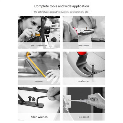 Set of tools including screwdrivers, pliers, and a claw hammer with text on application.