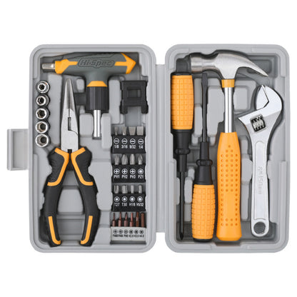 Tool kit with various tools including a hammer, wrench, and screwdriver set in a gray case.