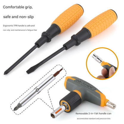 Two screwdrivers with orange and black handles on a white background, highlighting ergonomic design and removable bit handle feature.