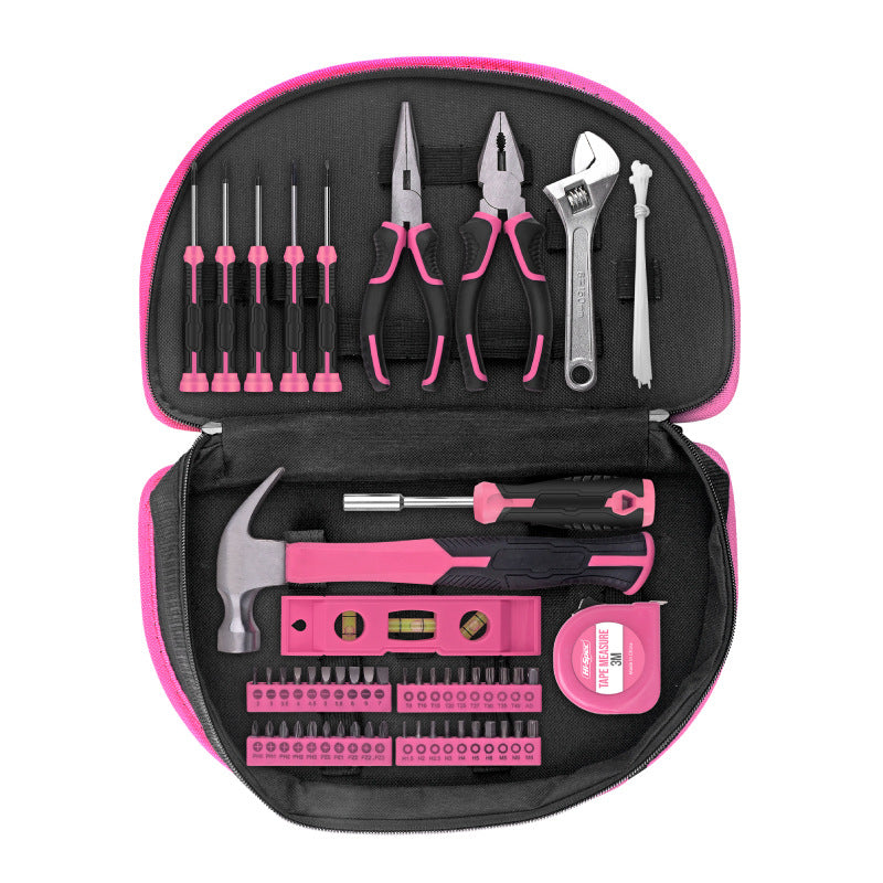 Pink and black tool set with various tools inside an open case on a white background