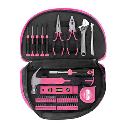 Pink and black tool set with various tools inside an open case on a white background