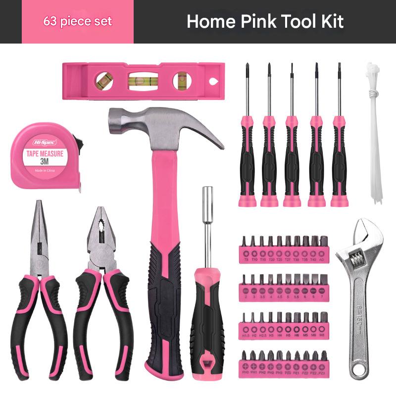 Set of pink and black tools including a hammer, pliers, screwdrivers, and wrench on a white background.