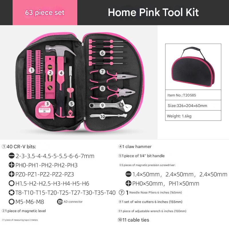 Pink tool kit with tools and accessories on a white background