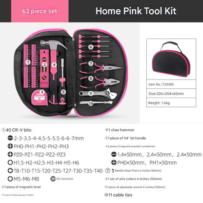 Pink tool kit with tools and accessories on a white background