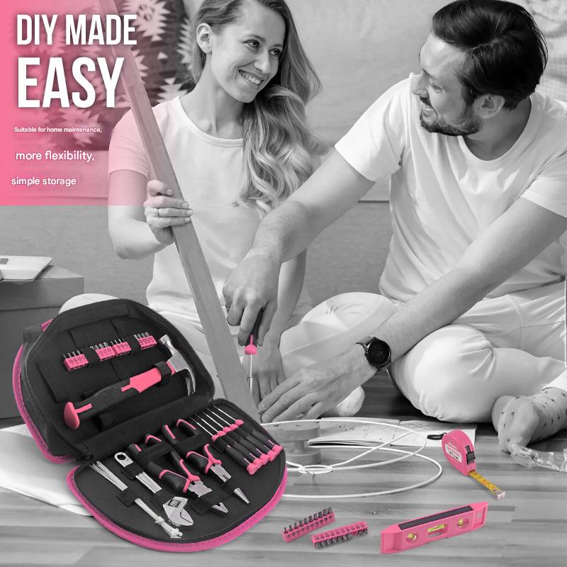 63-Piece Essential Home Repair Tool Kit with Portable Zipper Case (pink)