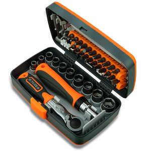 Open tool kit with various bits and a screwdriver on a white background