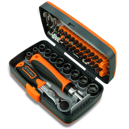 Open tool kit with various bits and a screwdriver on a white background