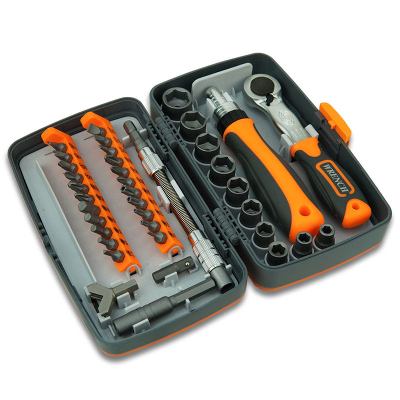 Open tool kit with various tools including screwdrivers and wrenches on a white background