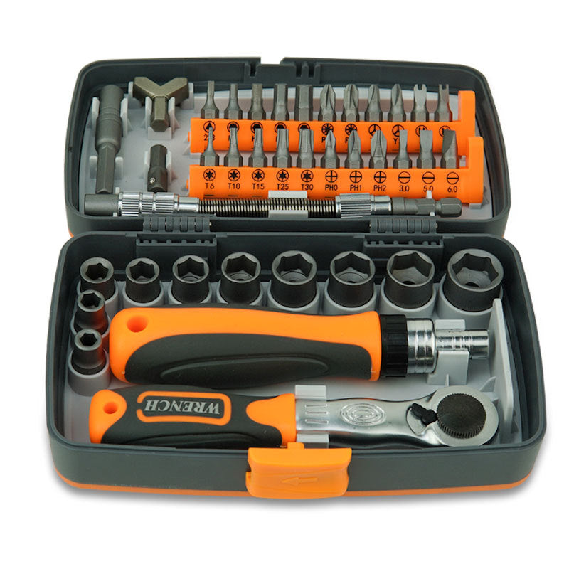 Open tool kit with various tools including a wrench, screwdrivers, and sockets on a white background.