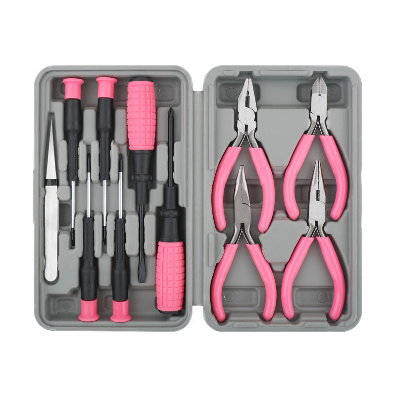 Set of tools including pliers and screwdrivers in a gray case on a white background