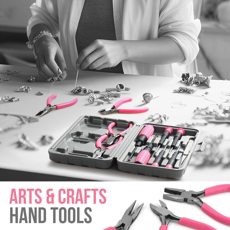 Person working on jewelry with tools on a table, labeled 'Arts & Crafts Hand Tools'.