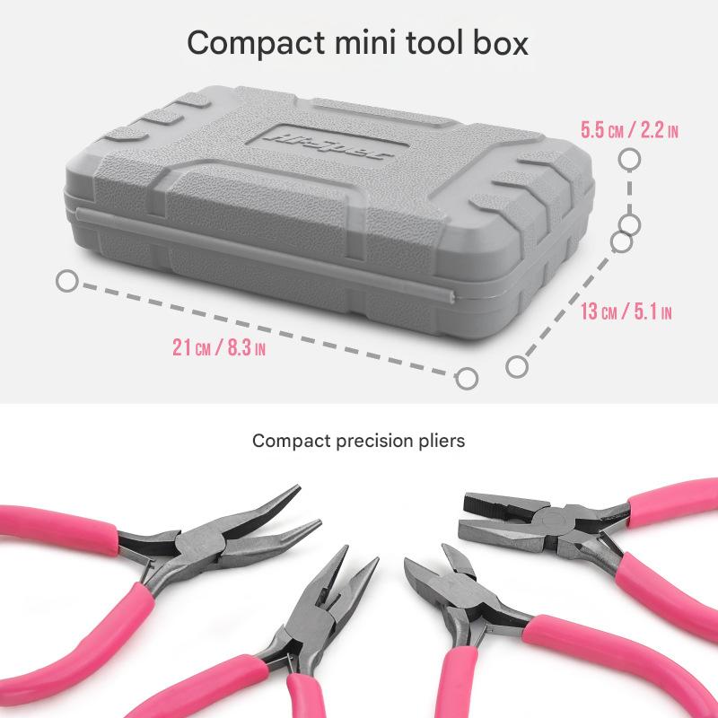 Compact mini tool box and precision pliers with measurements on a white background
