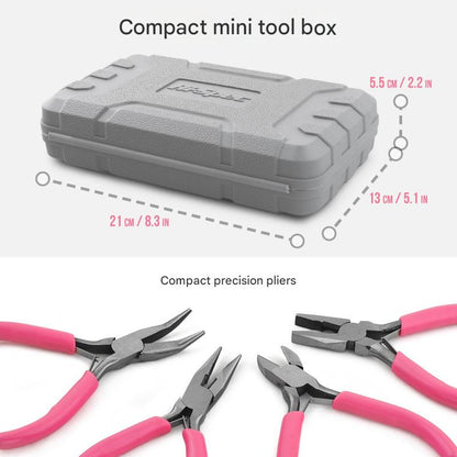 Compact mini tool box and precision pliers with measurements on a white background