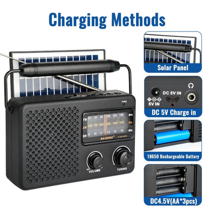 Portable Solar Powered 3 - Band AM/FM/SW Radio with Bluetooth Speaker & Multiple Charging Options(black) - Factory Direct Shop