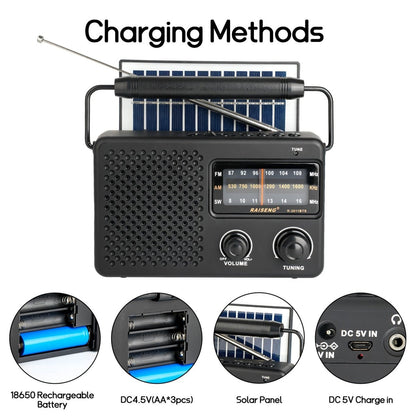 Portable Solar Powered 3 - Band AM/FM/SW Radio with Bluetooth Speaker & Multiple Charging Options(black) - Factory Direct Shop