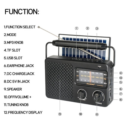 Portable Solar Powered 3 - Band AM/FM/SW Radio with Bluetooth Speaker & Multiple Charging Options(black) - Factory Direct Shop