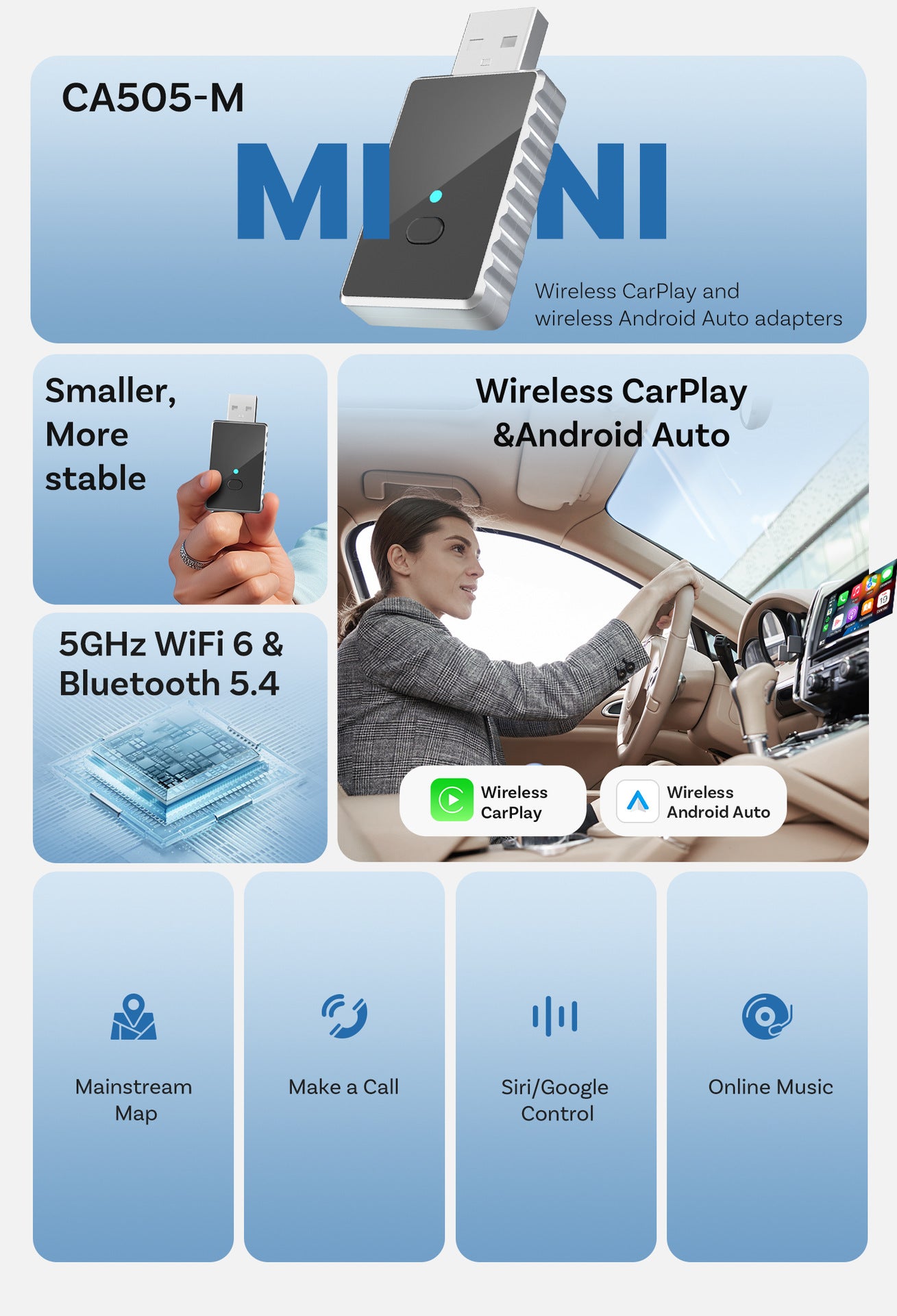 Mini 2-in-1 Wireless CarPlay & Android Auto Adapter - 5GHz WiFi 6, Bluetooth 5.4, Plug & Play Dongle(black)