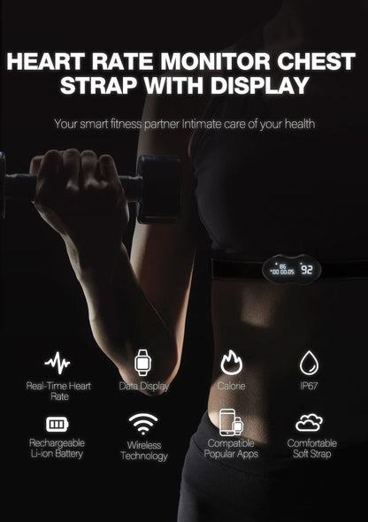 Smart Fitness Heart Rate Monitor Chest Strap with Data Display - IP67 Waterproof, Rechargeable, BLE & ANT+(black)