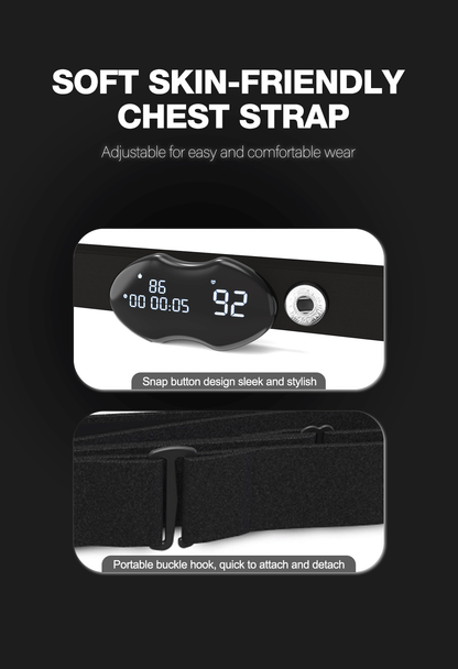 Smart Fitness Heart Rate Monitor Chest Strap with Data Display - IP67 Waterproof, Rechargeable, BLE & ANT+(black)