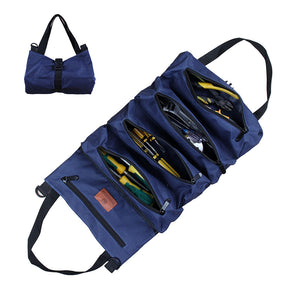 Blue tool roll with tools inside on a white background