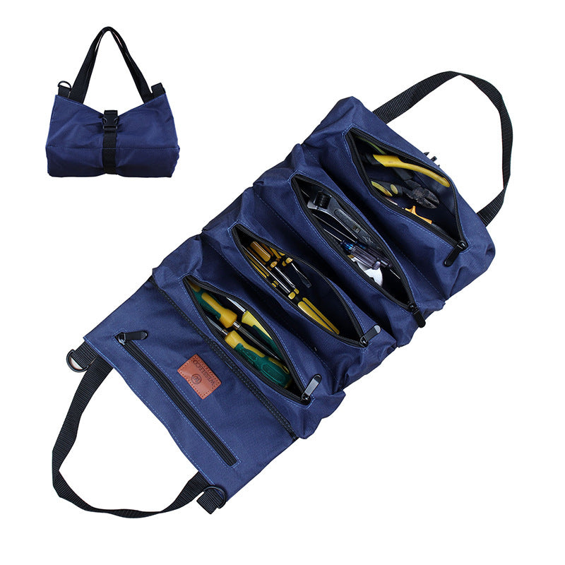 Blue tool roll with tools inside on a white background
