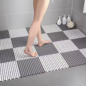 White And Grey DIY Interlocking Non-Slip Floor Tiles - 18-Pack PVC Drainage Mat for Shower & Bathroom Safety