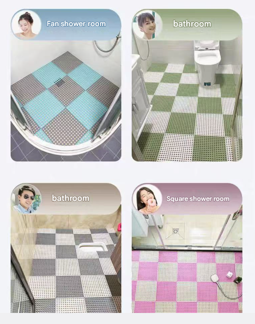 White And Grey DIY Interlocking Non-Slip Floor Tiles - 18-Pack PVC Drainage Mat for Shower & Bathroom Safety