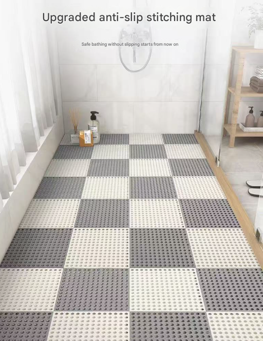 White And Yellow DIY Interlocking Non-Slip Floor Tiles - 18-Pack PVC Drainage Mat for Shower & Bathroom Safety