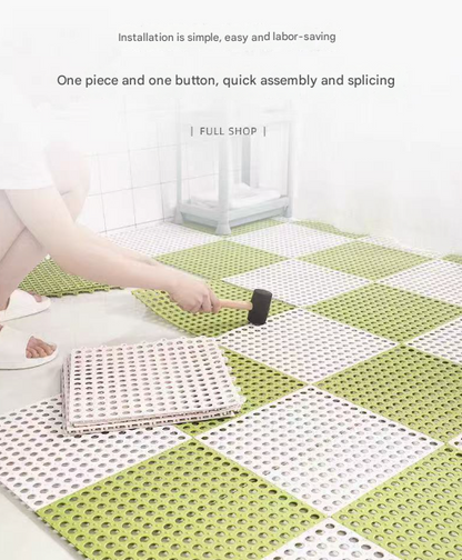 White And Yellow DIY Interlocking Non-Slip Floor Tiles - 18-Pack PVC Drainage Mat for Shower & Bathroom Safety