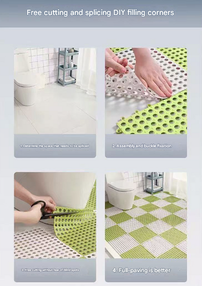 White And Green DIY Interlocking Non-Slip Floor Tiles - 12-Pack PVC Drainage Mat for Shower & Bathroom Safety