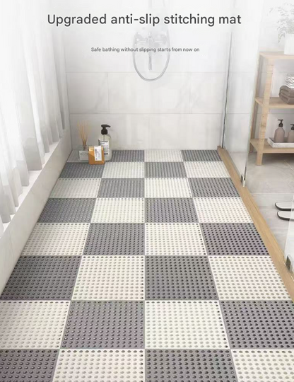 White And Yellow DIY Interlocking Non-Slip Floor Tiles - 12-Pack PVC Drainage Mat for Shower & Bathroom Safety