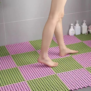 Green And Pink DIY Interlocking Non-Slip Floor Tiles - 12-Pack PVC Drainage Mat for Shower & Bathroom Safety