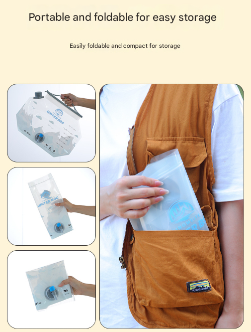 1 Piece Grey 8L Foldable Water Bag - Large Capacity Portable Water Carrier with Spigot for Camping & Outdoors