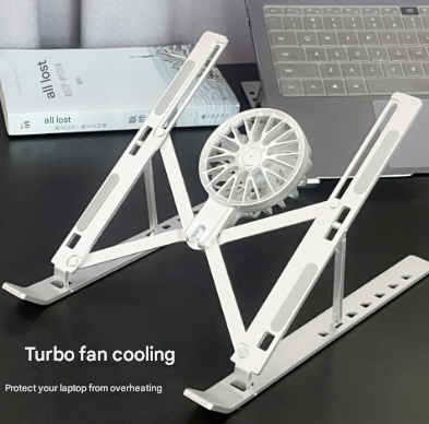 Silver Adjustable Aluminum Laptop Stand with Detachable Cooling Fan - Portable Ergonomic Riser for Desk