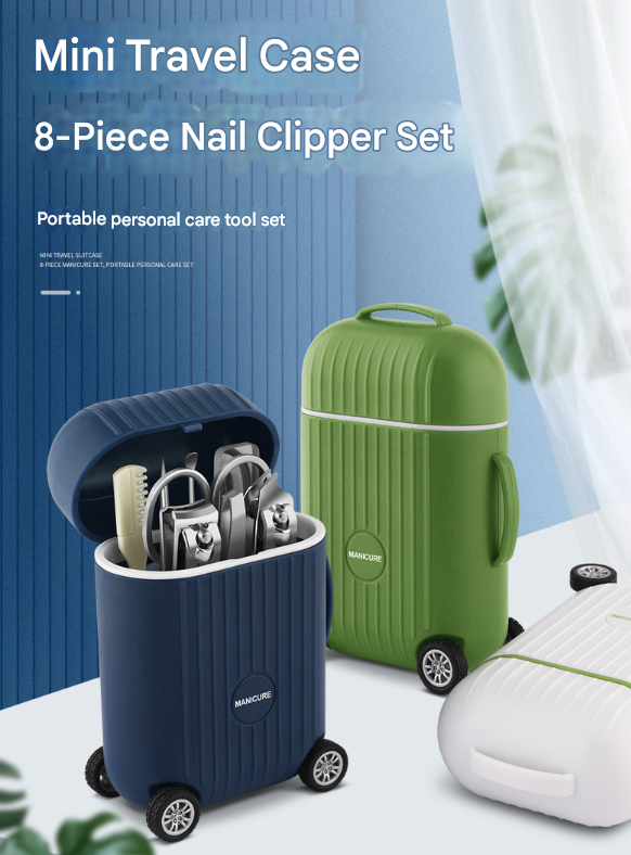 Dark Blue Mini Suitcase Manicure Set - 8-Piece Portable Grooming & Nail Care Travel Kit
