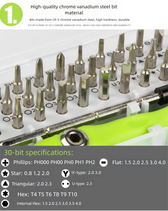 Set of screwdriver bits with a green handle on a white background, featuring text about material and specifications.