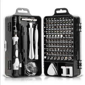 Screwdriver set with various bits and tools in a black case on a white background